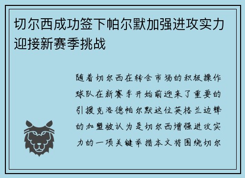 切尔西成功签下帕尔默加强进攻实力迎接新赛季挑战