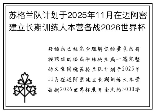 苏格兰队计划于2025年11月在迈阿密建立长期训练大本营备战2026世界杯